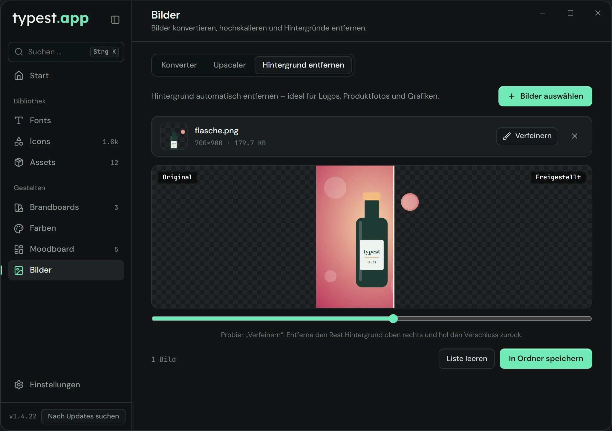 Bildwerkzeuge in typest.app: Konverter, Upscaler und Hintergrund entfernen, hier mit einem freigestellten Produktfoto