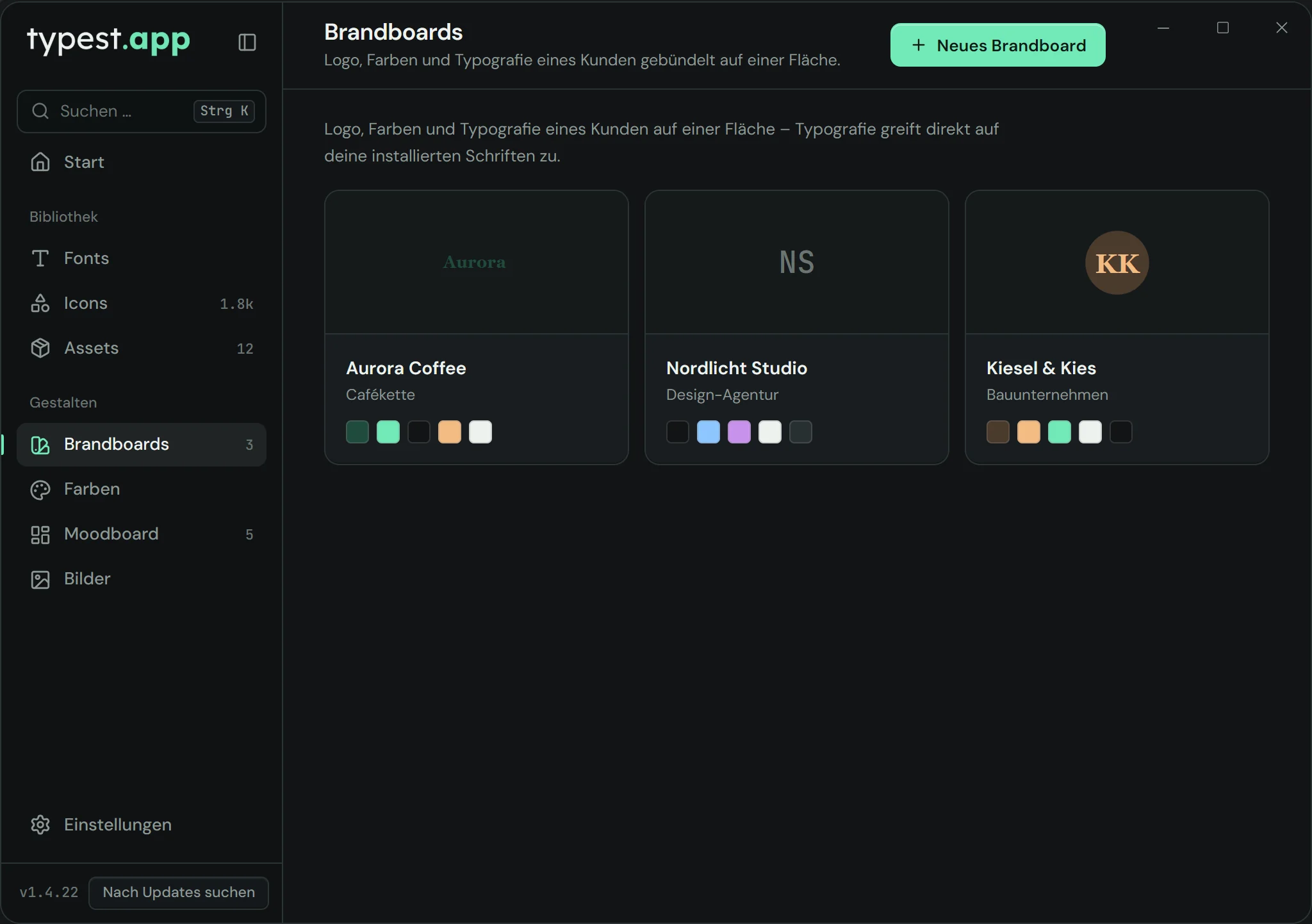 Brandboards in typest.app: Übersicht mehrerer Marken mit Logo und Farbsystem
