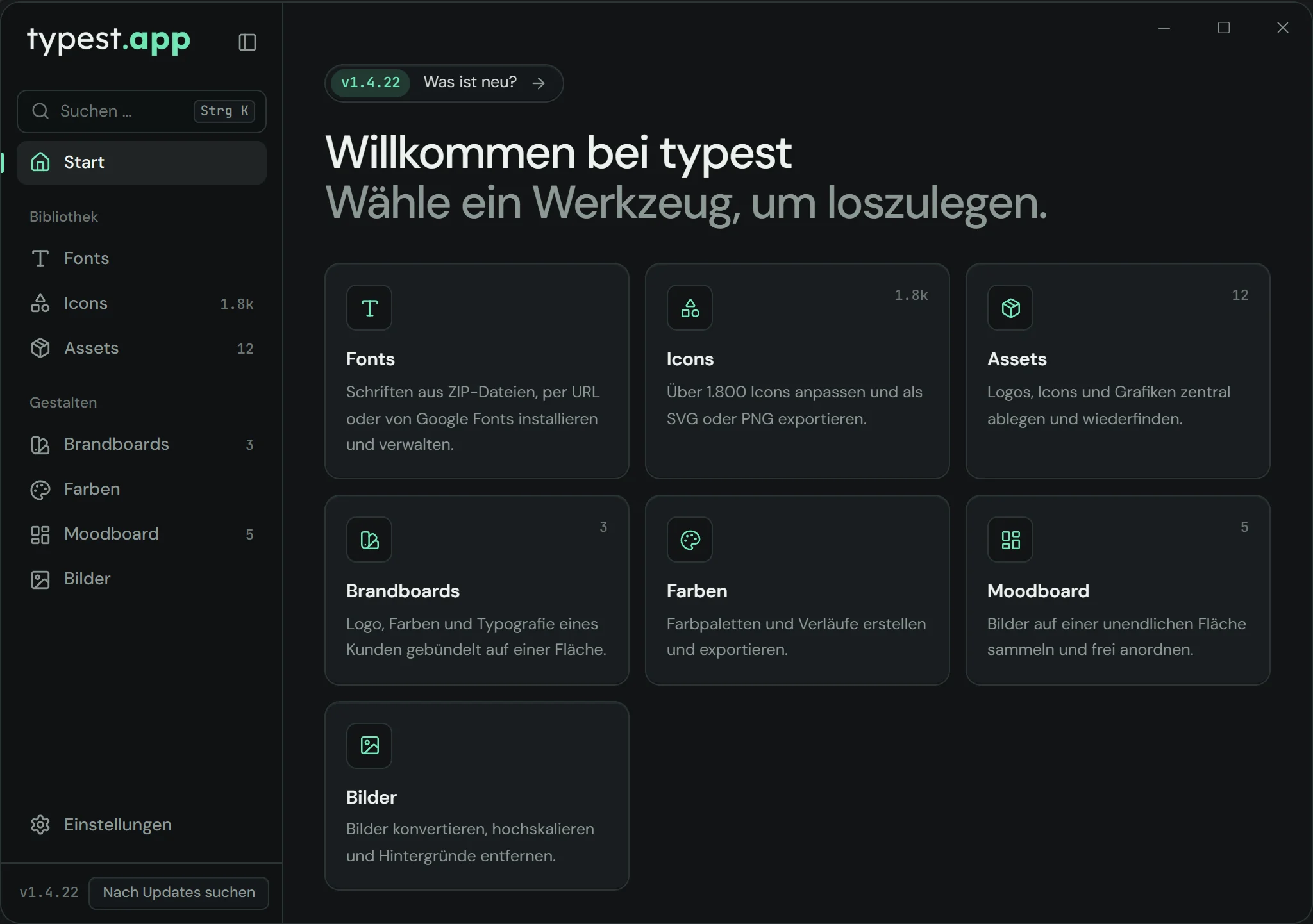 Startseite von typest.app: alle Werkzeuge auf einen Blick – Fonts, Icons, Assets, Brandboards, Farben, Moodboard und Bilder