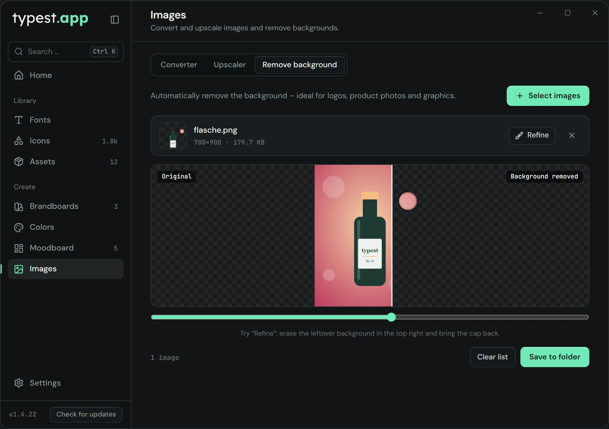 Image tools in typest.app: converter, upscaler and background remover, here with a cut-out product photo