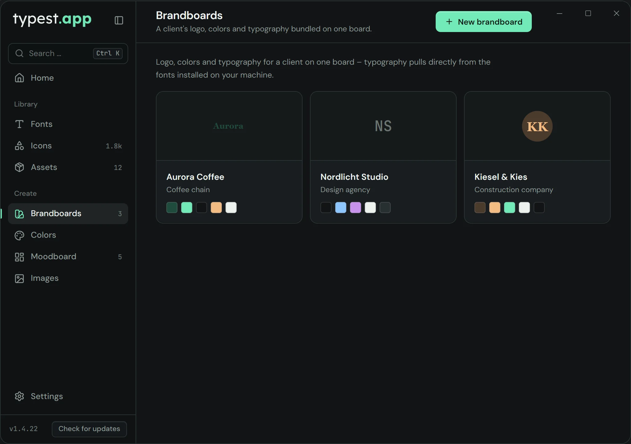 Brandboard in typest.app: panoramica di più brand con logo e sistema colore