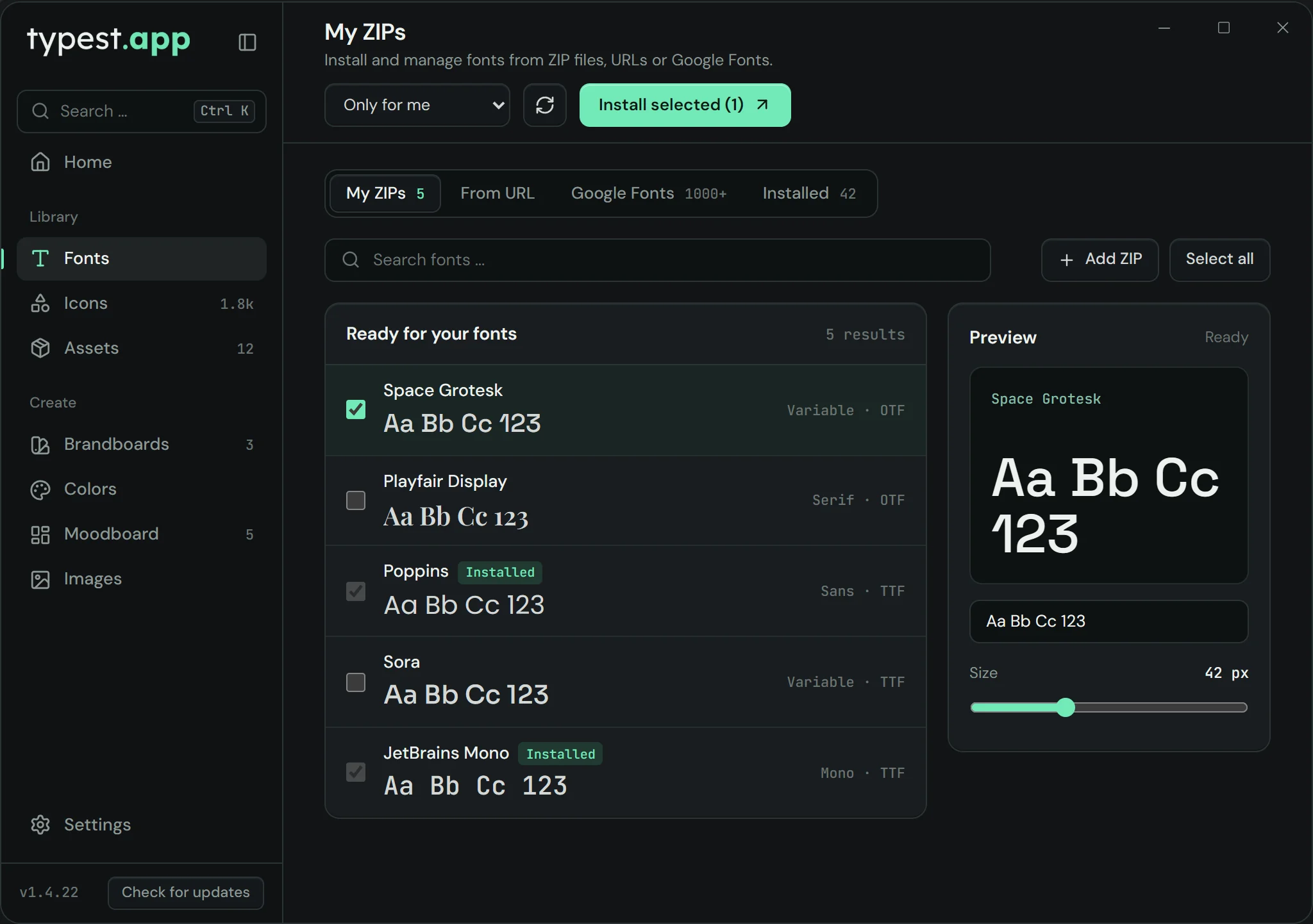 Gestore di font di typest.app: font da archivi ZIP con anteprima live e opzioni di installazione
